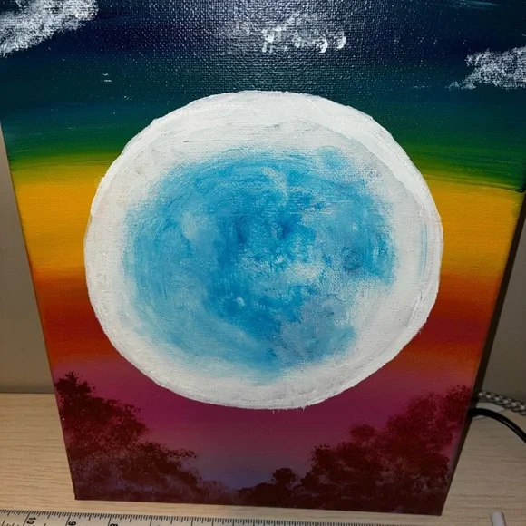 Rainbow Night Full Moon Hand Painted Wall Art 9x12 Canvas - Picture 2 of 3